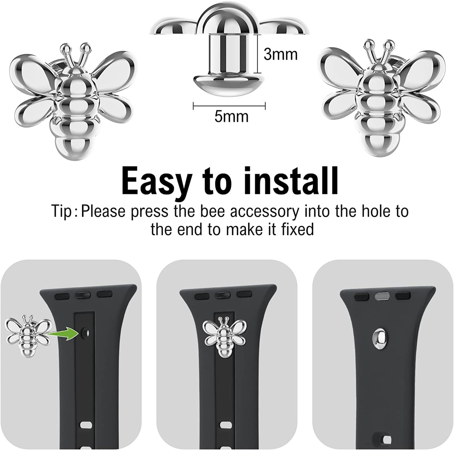 Luxury Apple Watch Band Black and Gray with two Bees Charm Compatible with Iwatch series Series 8 7 6 5 4 3 2 1 SE Ultra 38mm 40mm 41mm 42mm 44mm 45mm 49mm