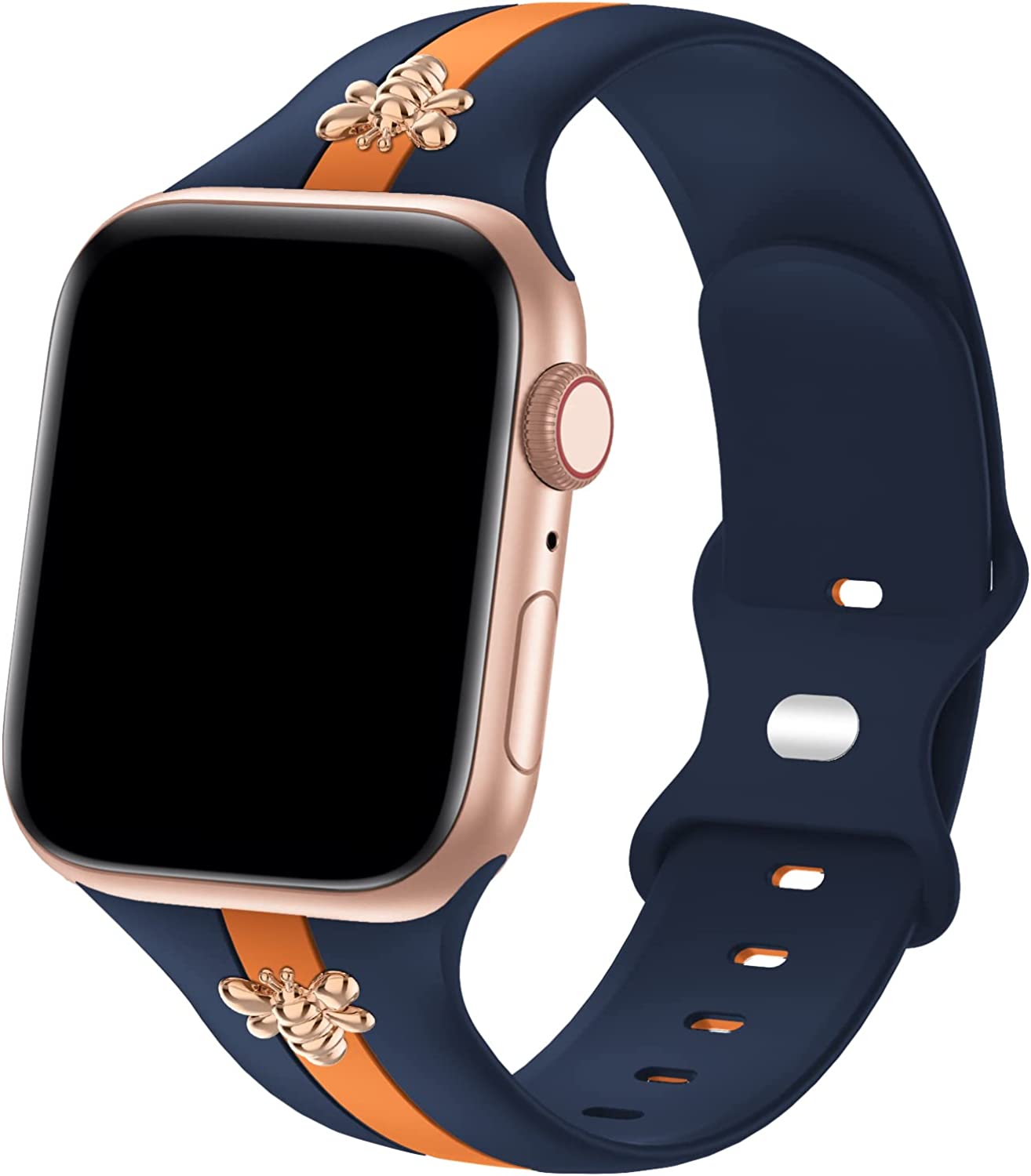 Luxury Apple Watch Band Navy Blue and Orange with two Bees Charm Compatible with Iwatch series Series 8 7 6 5 4 3 2 1 SE Ultra 38mm 40mm 41mm 42mm 44mm 45mm 49mm