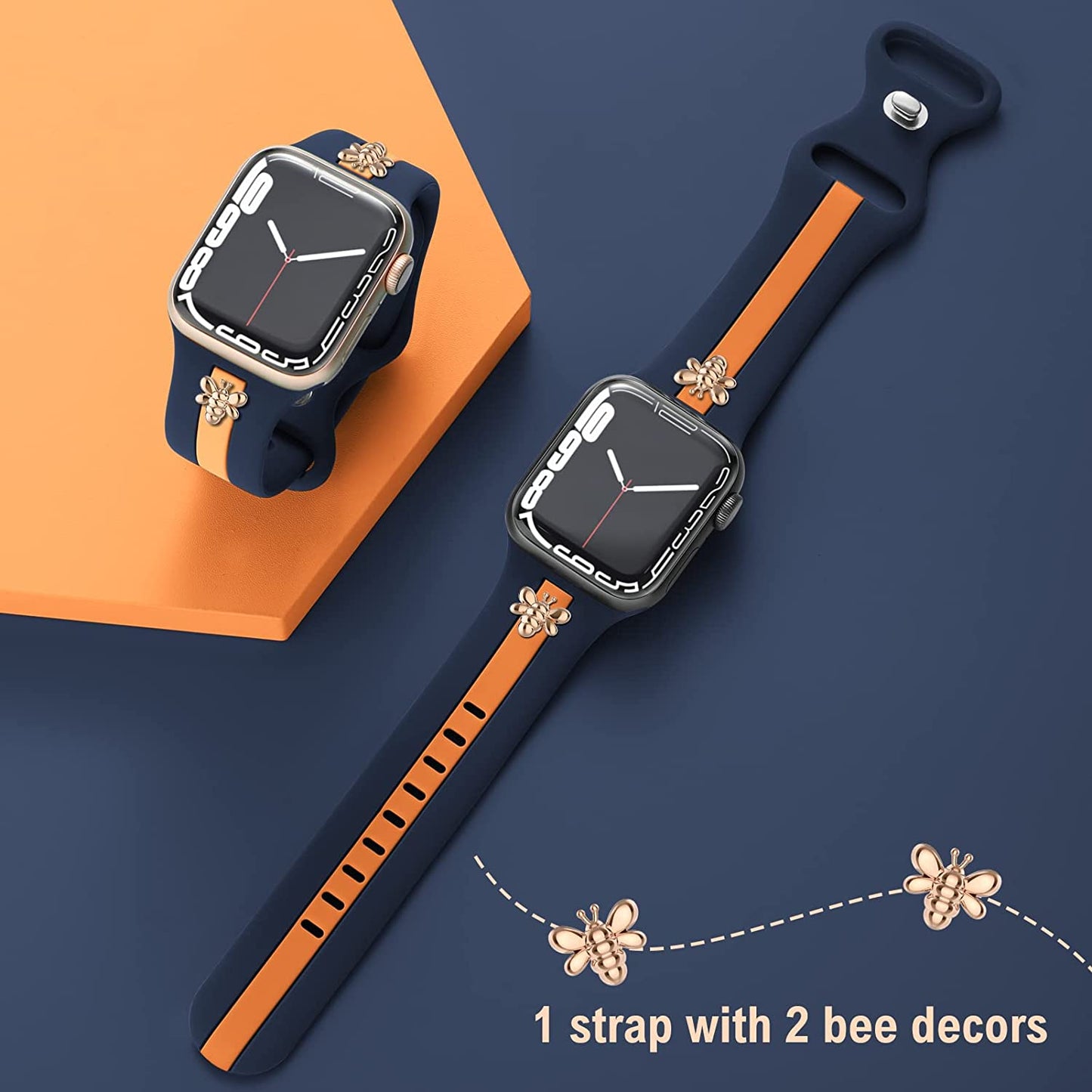 Luxury Apple Watch Band Navy Blue and Orange with two Bees Charm Compatible with Iwatch series Series 8 7 6 5 4 3 2 1 SE Ultra 38mm 40mm 41mm 42mm 44mm 45mm 49mm