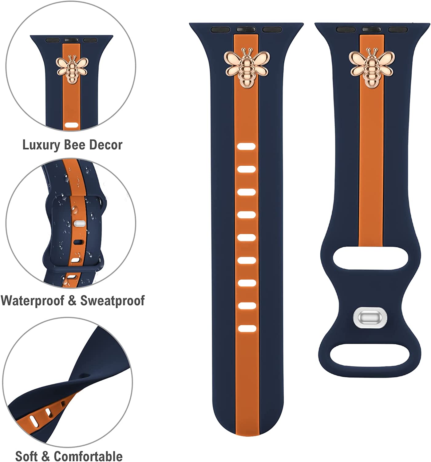 Luxury Apple Watch Band Navy Blue and Orange with two Bees Charm Compatible with Iwatch series Series 8 7 6 5 4 3 2 1 SE Ultra 38mm 40mm 41mm 42mm 44mm 45mm 49mm