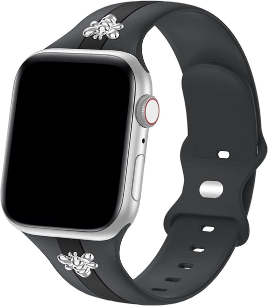 Luxury Apple Watch Band Black and Gray with two Bees Charm Compatible with Iwatch series Series 8 7 6 5 4 3 2 1 SE Ultra 38mm 40mm 41mm 42mm 44mm 45mm 49mm